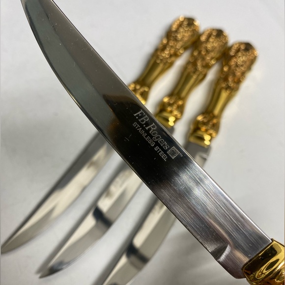 F. B. Rogers Steak Knife Set Goldplated French Rose - Picture 9 of 14